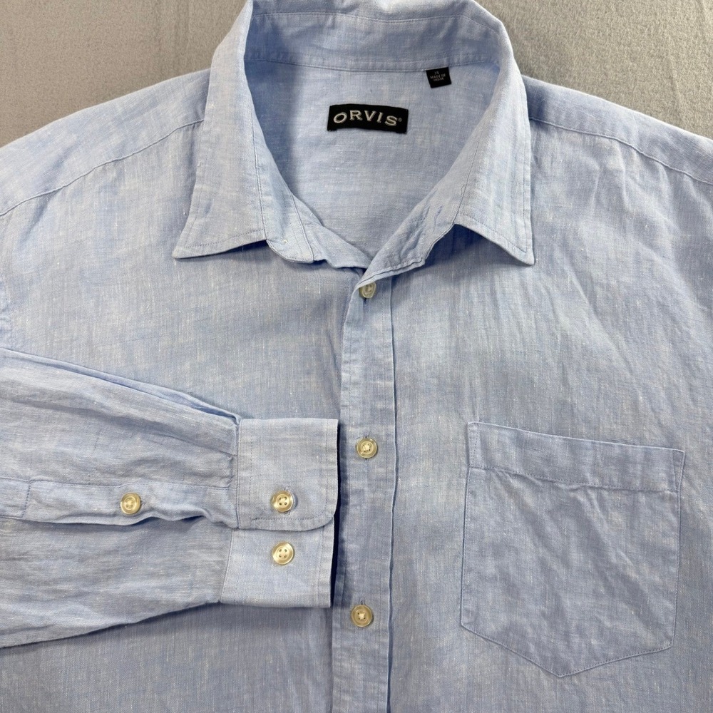 Orvis Button Down Shirt Mens XL Blue 100% Linen Long Sleeve Pocket Resortwear